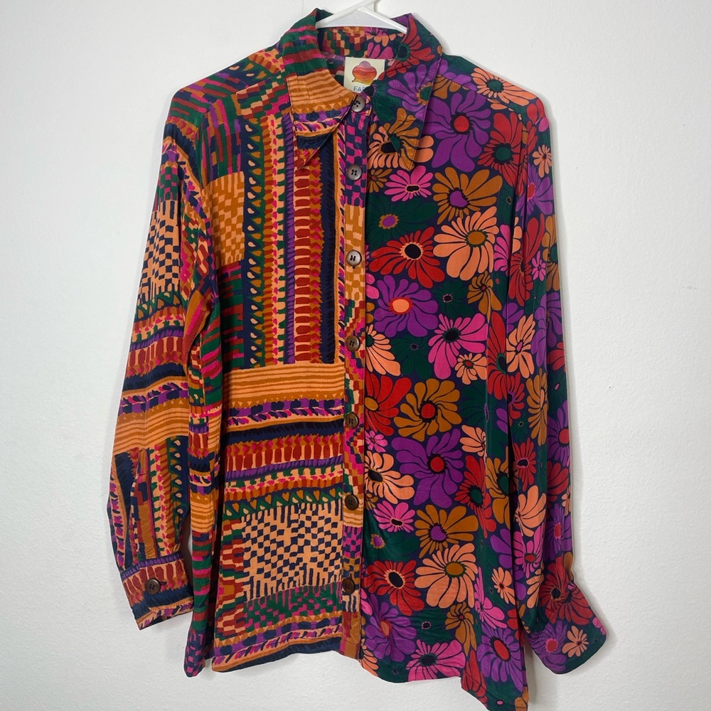 FARM Rio x Anthropologie Colorful Floral and Geometric Button Down Blouse